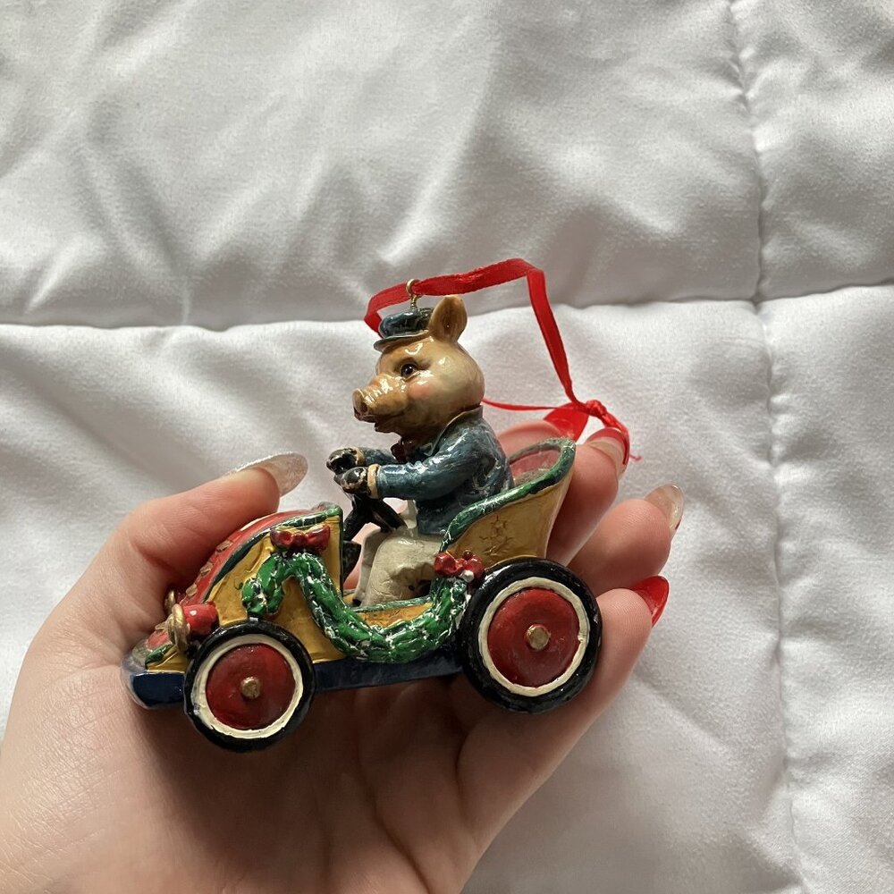 Vintage 90s YK Hand Painted Glazed Pig Driving‎ Car Christmas Ornament Holiday